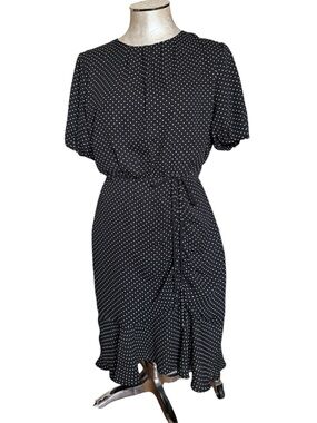 Sam Edelman Black White Polka Dot Midi Dress Size 6 Ruffle Ruched Hem